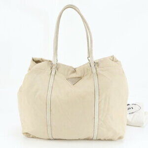 Prada Tessuto Triangle Logo Beige Tan Leather Tote Bag Shoulder